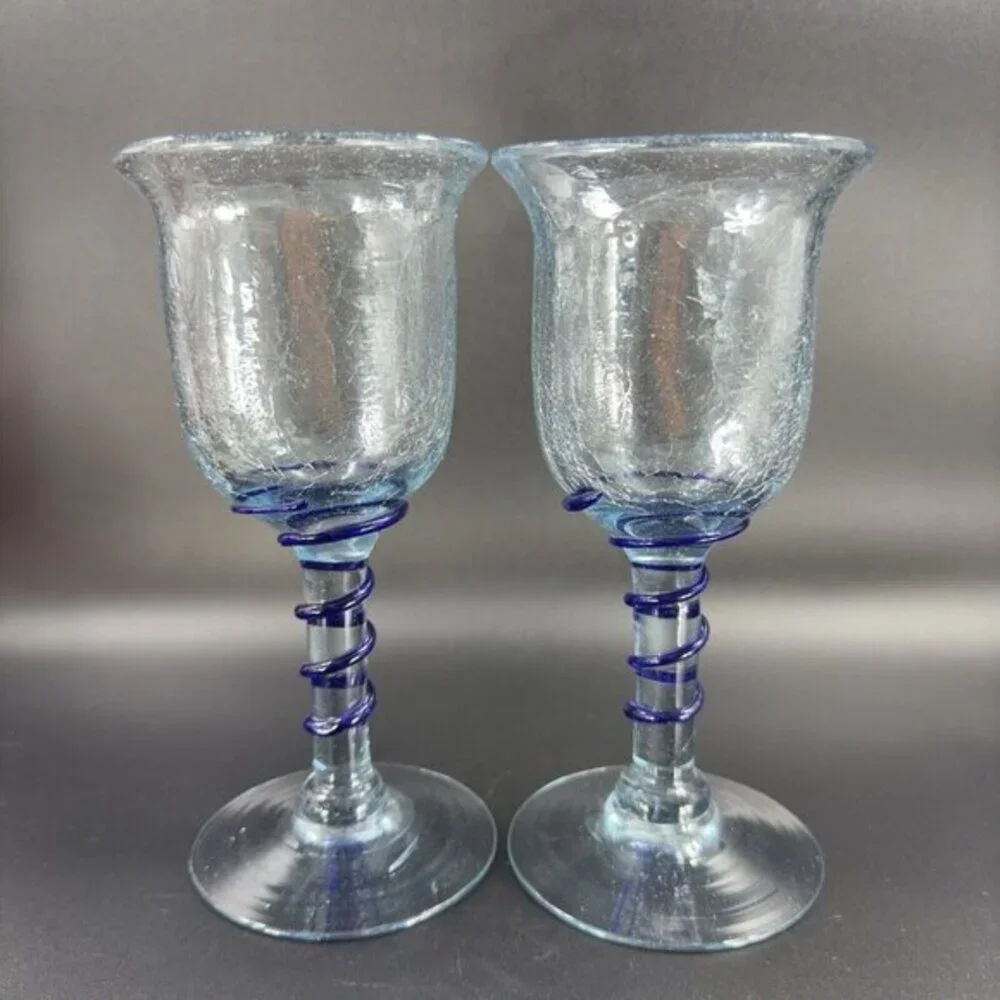 Hand‎ Blown Crackle Glass Goblet Drinking Glasses Set 2 Clear Blue Swirl Goblets